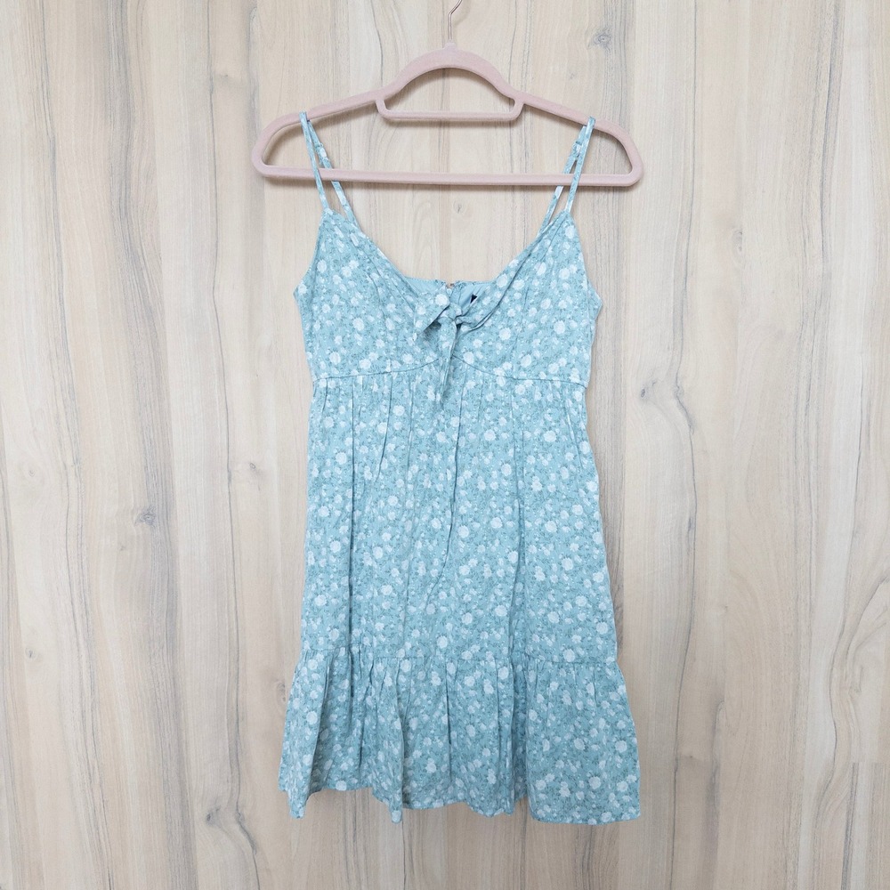 Trixxi Floral Mini Dress Small Green Tie Front Babydoll Milkmaid Cottage Summer